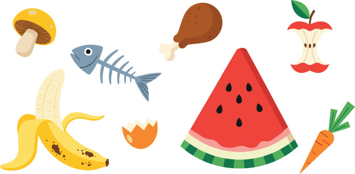 Food waste leftovers set including fruit peels bones fish skeleton cartoon flat vector illustration isolated