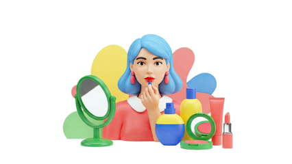 3D Woman Applying Lipstick Surrounded by Cosmetics