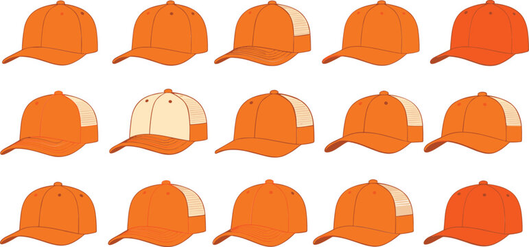 Orange baseball cap collection set different angles trucker snapback hats flat vector illustration isolated on white background