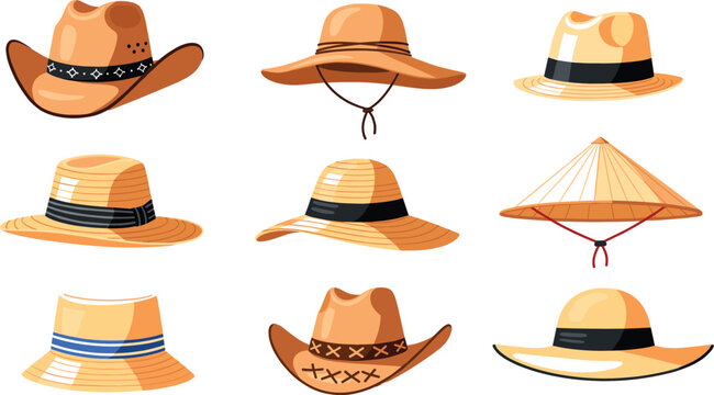 Straw hat collection set summer headwear styles flat cartoon vector illustration isolated on white background