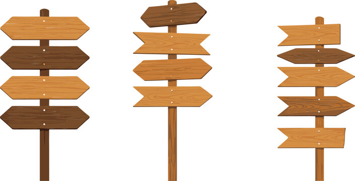 Wooden directional signpost collection set empty arrow boards rustic flat vector illustration isolated on white background