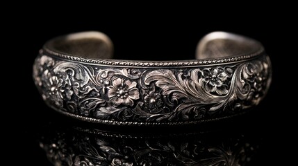 Exquisite Silver Bracelet with Floral Engraving on Black Background