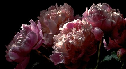 Dramatic light on beautiful peonies against a black background.