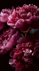 Dramatic close-up of dark pink peonies against black background.