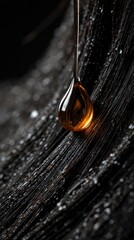 Macro shot of a golden drop falling on dark texture.