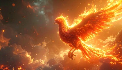 A phoenix, ablaze with fiery plumage, soars through a glowing, smoky sky, its wings spread wide, a symbol of rebirth