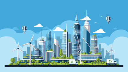Obraz premium Modern sustainable city features eco friendly skyscrapers, wind turbines, solar power, and green vehicles under a blue sky.