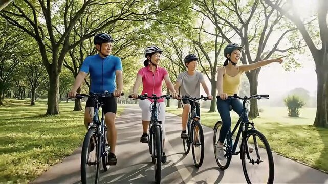 A happy family of four cycles along a scenic park path on a sunny morning showcasing active lifestyle togetherness and outdoor recreation for health and wellness campaigns