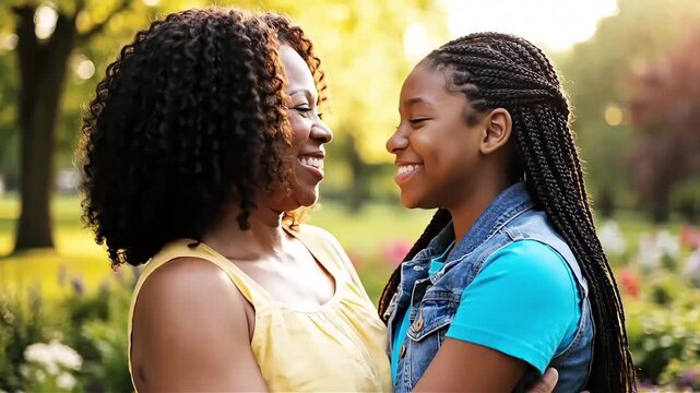 A heartwarming portrait of a mother and daughter sharing a joyful moment in a sun-drenched park capturing connection love family bonds and generational relationships