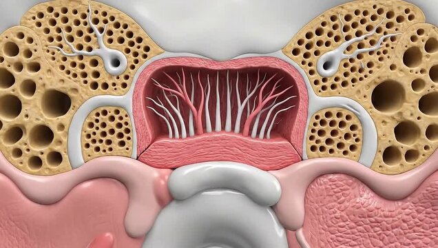 A detailed 3d medical illustration visualizes the complex beige jawbone and pink nerve structure for educational purposes.