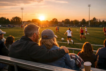 parents in stands at their daughters soccer game in late afternoon. 