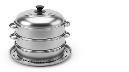 Fototapeta premium Stainless Steel Idli Cooker with Three Tiers and Steamer Trays.