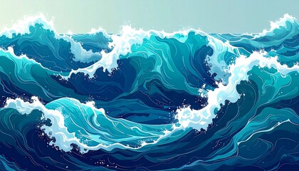 An illustration depicting stylized ocean waves cresting and churning, with shades of blue and white, under a clear sky