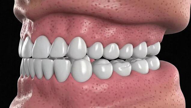 Detailed 3d render of the human jaw showing healthy white teeth alignment against a dark background.