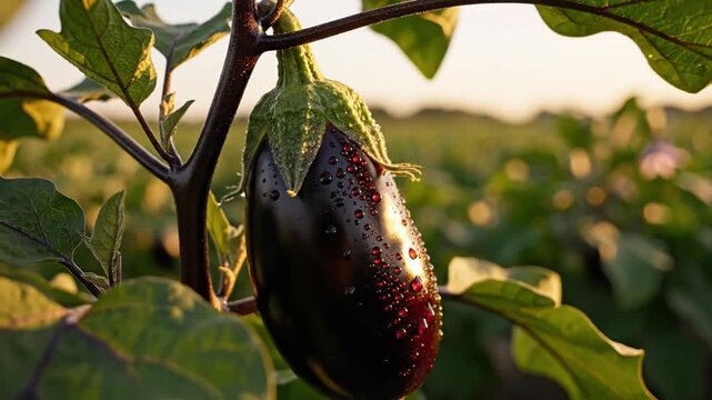 Cinematic close up of a deep purple ripe aubergine eggplant growing in a sunlit agricultural field showcasing organic vegetable cultivation and farm produce during harvest season