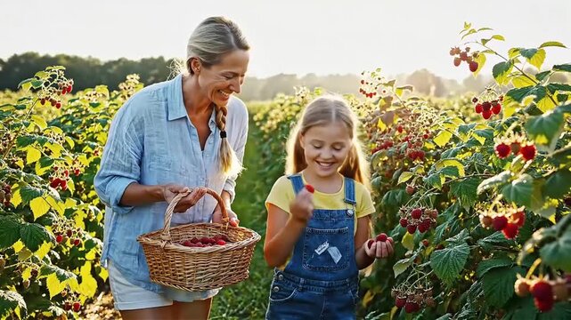 A mother and daughter enjoy a sunny afternoon picking ripe raspberries in a lush berry field capturing a heartwarming moment of family bonding and healthy living