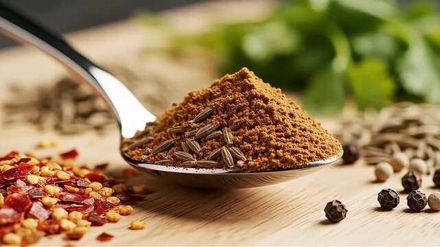 A spoonful of aromatic ground spices and herbs including cumin coriander chili flakes peppercorns and fresh cilantro on a rustic wooden surface
