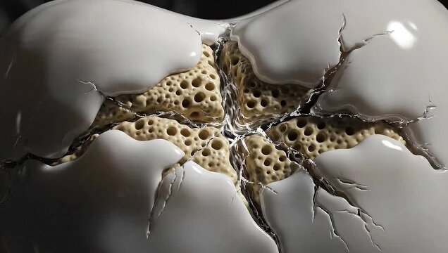 Detailed macro of a clinical white enamel model cracking, revealing porous beige decay structure.