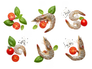 Fresh shrimp with tomatoes and basil isolated on transparent background