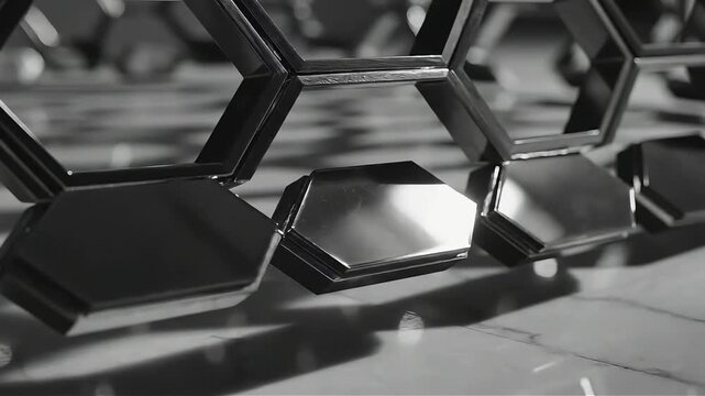 Abstract black and white geometric background featuring a repeating pattern of interconnected hexagonal shapes creating a modern futuristic and technological feel