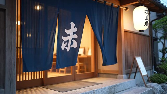 Cinematic slow motion footage of traditional fabric noren curtain swaying at the entrance of an authentic Japanese restaurant or tavern doorway, creating a serene and welcoming atmosphere.