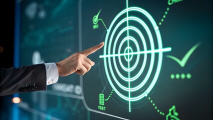 Businessman pointing to a target with a neon green crosshair on a digital screen