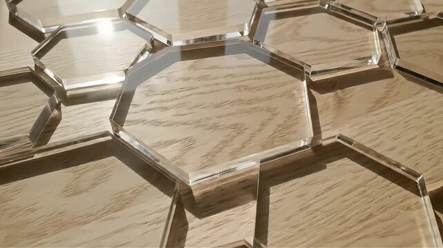 Abstract geometric arrangement of clear acrylic hexagons on a wooden surface creating a modern and minimalist design with dramatic lighting and shadows