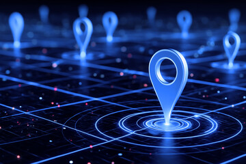 Digital map with glowing blue location pins and concentric circles on network grid. Futuristic visualization of GPS tracking, geolocation, and spatial data in tech-driven environment.