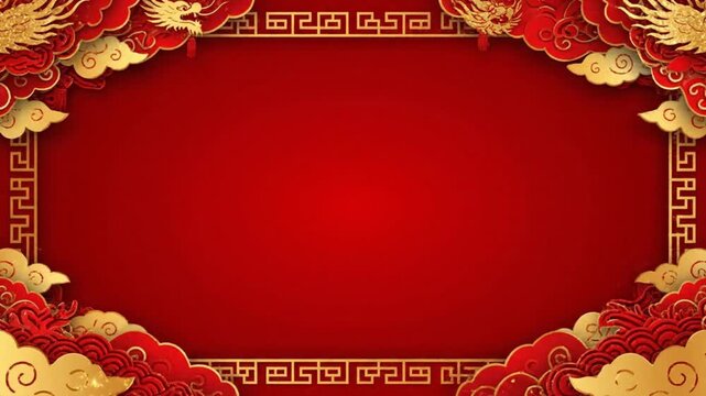 A vibrant red and gold Chinese New Year background with ornate dragon and cloud motifs, perfect for festive invitations and decorations.