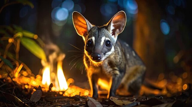 Curious Mouse Lemur Near Fire in Forest at Night