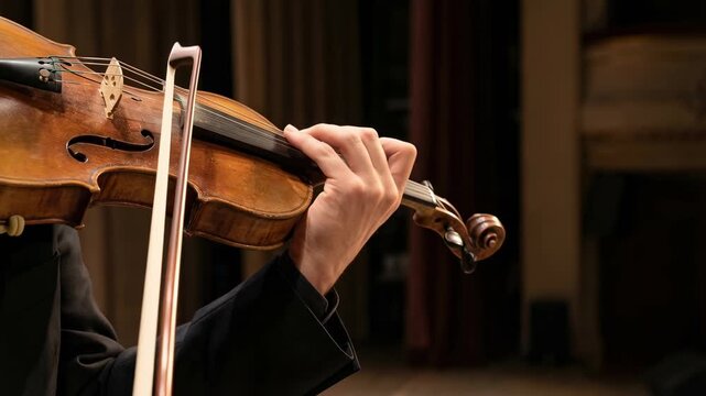 Human touch creative violin music performance closeup with bow and fingers on string in warm light concert hall wooden instrument musician