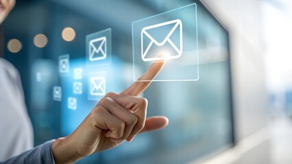 Hand touching digital envelope icon on a modern glass background