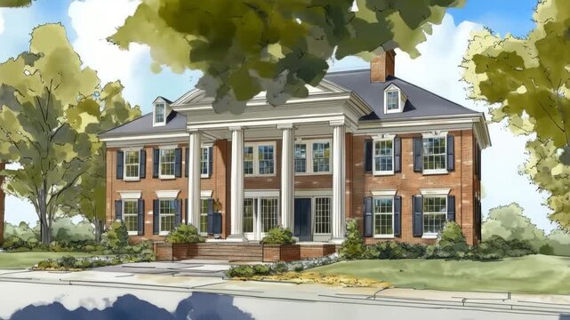 Illustration of a large, classic brick federal mansion with white columns and a gabled roof, surrounded by trees and a clear blue sky.