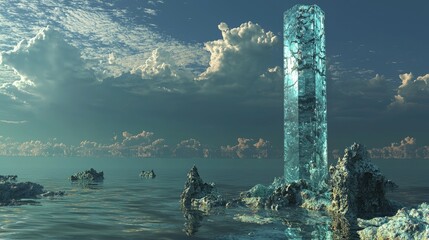 A towering translucent crystal obelisk emerges from a calm, reflective sea under a partly cloudy sky with small rocky islets.