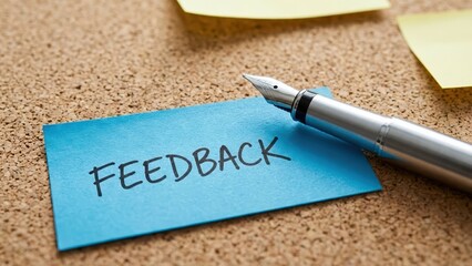 Close-up generic a fountain pen resting on a corkboard with a blue card featuring feedback for strategy planning