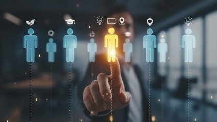 Person making a digital selection from a group generic icons representing different office roles and skills