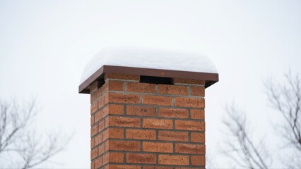 Naklejka premium Snow-covered chimney rising from a brick house during the quiet winter season against a pale sky