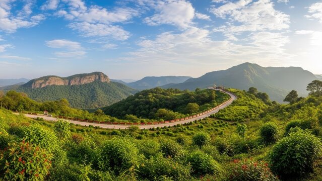 Winding road through lush green mountains with blue sky