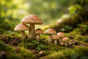 A cluster generic mushrooms growing on mossy forest floor showcasing fungi as part generic a vibrant forest ecosystem.