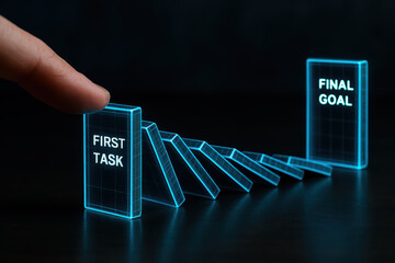 A generic tipping the first domino in a glowing chain to generic goal achievement and reaching the final goal.
