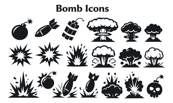 Graphic explosion icons set featuring classic bombs, missiles, mushroom clouds, and blast effects for military, hazard, and danger concepts