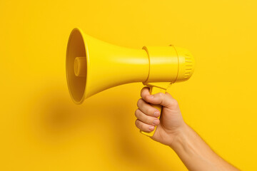 A hand holding a yellow megaphone against a matching yellow background for announcement and advertisement purposes.