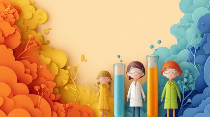 Science education background, kids and test tubes, neutral space for copy text, 3D illustration.