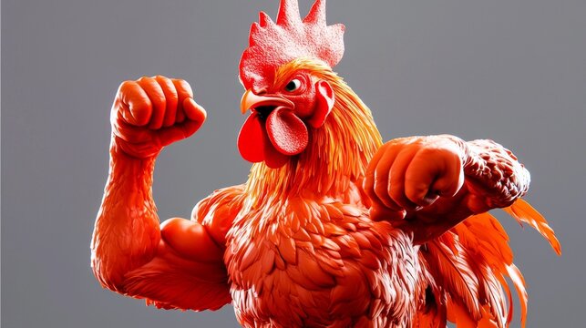 A muscular chicken fiercely displays a fist pump gesture.