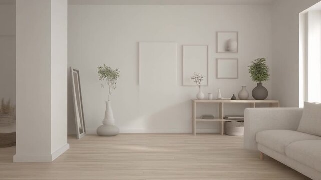 Minimalist modern living room interior, seamless loop, high detail