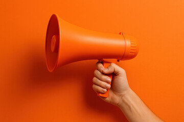 Hand holding a vibrant orange megaphone against a matching orange background for an announcement or advertisement
