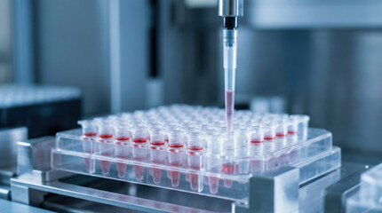 Pipette transferring a red solution into a laboratory testing plate in a modern laboratory setting