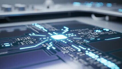 Close-up of a modern circuit board with glowing blue pathways representing technology innovation and digital connectivity in a futuristic setting - Powered by Adobe