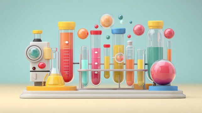 Science lab for kids, test tube experiments, simplified equipment, cheerful mood, 3D illustration.