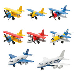 Collection of colorful toy airplanes isolated on transparent background